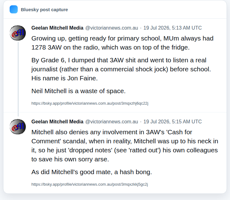 Screenshot of Geelan Mitchell Media's 19 July 2026 Bluesky post attacking 3AW, Jon Faine and Neil Mitchell, with a reply alleging Mitchell's involvement in Cash for Comment.