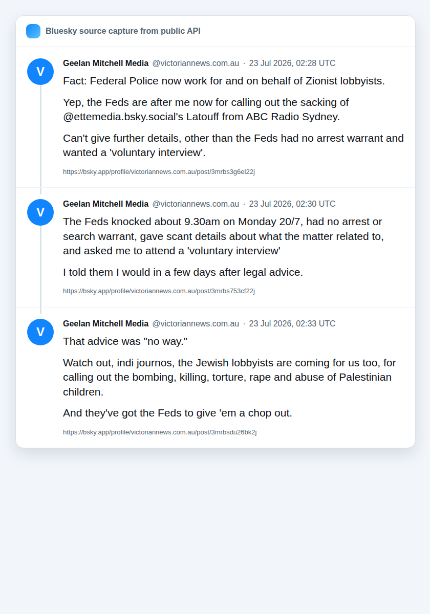 Bluesky source capture showing Ashley Geelan's Federal Police, voluntary interview and legal advice claims.