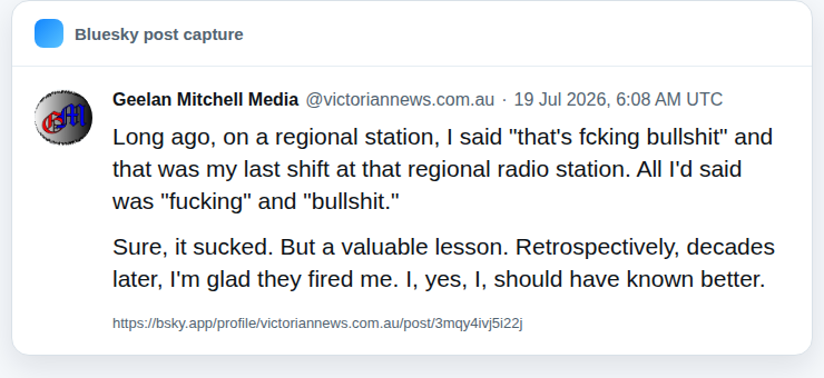 Screenshot of Geelan Mitchell Media's 19 July 2026 Bluesky post claiming he was fired from a regional radio station after swearing on air.