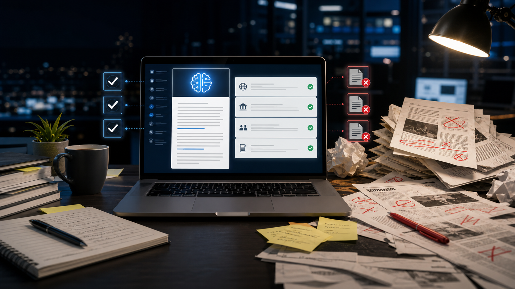 Editorial illustration of an AI-assisted fact-checking desk contrasted with marked-up local-news copy