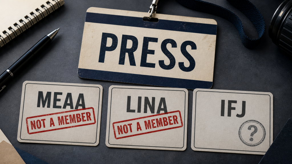 Generic press membership cards labelled MEAA and LINA stamped Not a Member, with IFJ shown as a question mark.